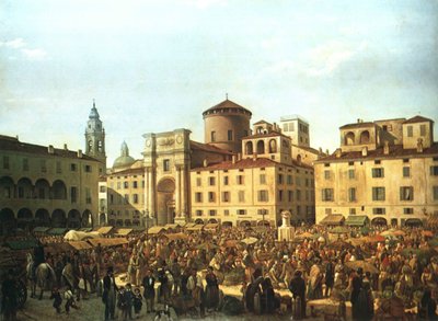 Der Marktplatz von Parma an einem Markttag im Jahr 1848 von Giulio Carmignani